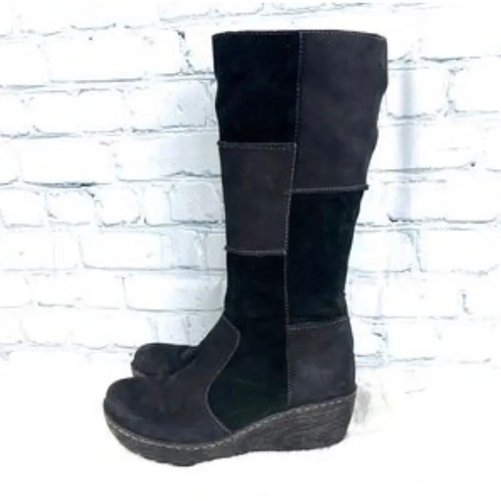 B.O.C. Black Suede Leather Patchwork Side Zip Wedge Heel Tall Boots